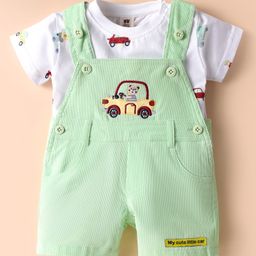 ToffyHouse 100% Cotton Knit Dungaree & Half Sleeves T-Shirt with Car Print & Embroidery - Light Green-image-74