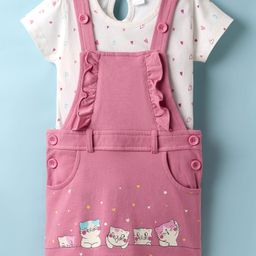 Tango Looper Knit Half Sleeves Inner Tee & Frock with Kitty & Hearts Print - Rose Gold & Offwhite-image-7