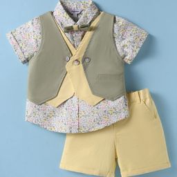 ToffyHouse Poplin Woven Half Sleeves 3 Piece Set With Bow & Floral Print- Yellow & White-image-110