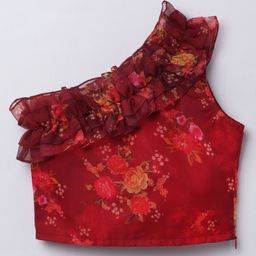 Taffykids Organza One Shoulder Sleeves Floral Printed & Frill Detail Crop Top - Red-image-95