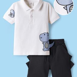 Mark & Mia Cotton Knit Half Sleeves Polo T-Shirt & Shorts With Dino Graphics Print & Spikes Detailing - White-image-91