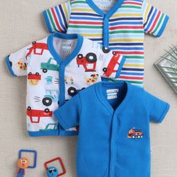 BUMZEE Cotton Pack Of 3 Half Sleeves Striped & Vehicles Printed Jhablas - Blue & White-image-87