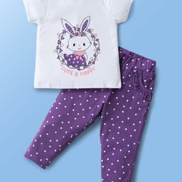 Doodle Poodle 100% Cotton Knit Half Sleeves T-Shirt & Leggings Set With Bunny & Polka Dot Print - White & Purple-image-81