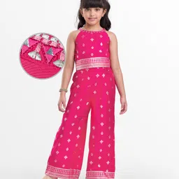 EARTHY TOUCH Woven Sleeveless Indo Western Set with Glitter Print & Embroidery - Dark Pink-picture-49