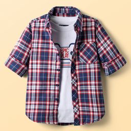 Pine Kids Cotton Knit Full Sleeves Checkered Shirt with T-Shirt - Navy Blue-image-66