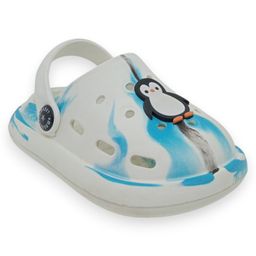 Lil Lollipop Marble Designed & Penguin Applique Detailed Anti Slip With Back Strap Perforated Clogs - White & Blue-image-2