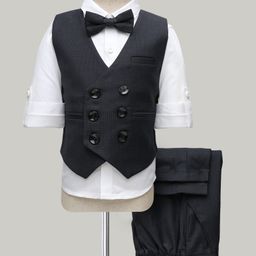 Robo Fry Cotton Woven Full Sleeves 3 Piece Party Suits with Bow & Checks - Navy Blue-picture-44