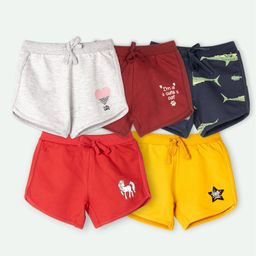 Ariel Cotton Knit Pack Of 5 Unicorn & Typography Printed Shorts - Grey Maroon Navy Blue Red & Yellow-image-43