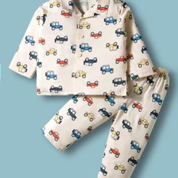 Zero Sinker Knit Full Sleeves Co-ords Night Suit With Vehicle Print - Cream-picture-4