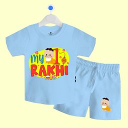The Peppy Tend 100% Cotton Knit Raksha Bandhan Theme Half Sleeves My 1st Rakhi Text Printed Tee & Shorts Set - Blue-image-67