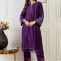 Indo Era Embroidered Straight Tunic With Trousers Co-Ords-picture-58