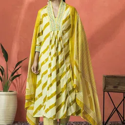 Sangria Striped V-Neck Sequinned Cotton A-Line Kurta With Trouser & Dupatta-5