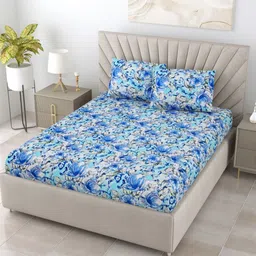 BOMBAY DYEING Blue & White Floral 104 TC Queen Bedsheet with 2 Pillow Covers-image-41