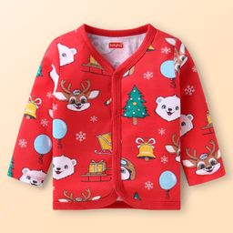 Babyhug 100% Cotton Interlock Knit Full Sleeves Front Open Vests With Stripes & Animal Print Pack Of 3 - Light Blue Red & White image 4
