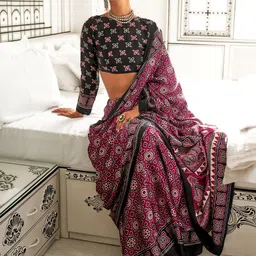 Mitera Ajrak Block Poly Crepe Block Print Saree image 4