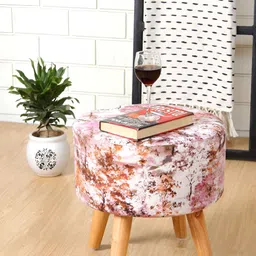 Shadowkart Coffee Brown & White Printed Wooden Round Shaped Pouffes Ottomans-image-40
