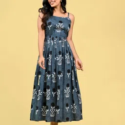 RAAKA Floral Printed Shoulder Straps Fit & Flare Midi Dress-image-55