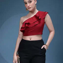 bebe One Shoulder Ruffles Crop Top-image-54