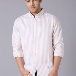Mast & Harbour Beige & White Striped Relaxed Casual Shirt-image-81