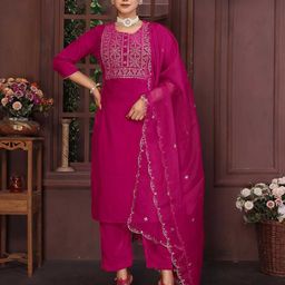 Royal Export Women Embroidered Regular Velvet Kurta with Trousers & With Dupatta-image-45
