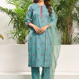 SANISA Floral Printed Straight Kurta With Trousers & Dupatta-image-45