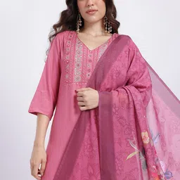 HERE&NOW Yoke Design Mirror Work Cotton Kurta with Trousers & Dupatta-picture-40