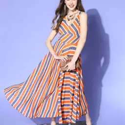 anayna Women Bright Orange Striped Swirling Volume Jumpsuit-picture-52