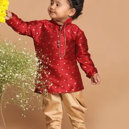 VASTRAMAY SHISHU Full Sleeves Foil Square Threadwork Detail Kurta & Solid Dhoti Set - Maroon-picture-11
