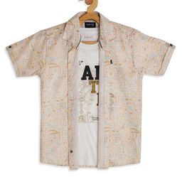 CAVIO Half Sleeves Paisley Printed Shirt With Text Printed Tee - Cream-picture-47