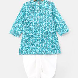 Babyhug 100% Cotton Knit Full Sleeves Printed Kurta & Dhoti Set - Aqua Blue & White-image-20