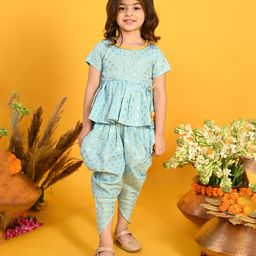 Saka Designs By Sapna Half Sleeves Damask Motif Foil Printed & Gota Lace Embellished Peplum Style Top & Dhoti - Sky Blue-image-10