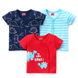 Babyhug 100% Cotton Knit Half Sleeves Striped & Dino Printed Set of Vests Pack of 3 - Multicolour-image-46