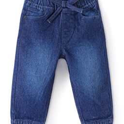 Babyhug Full Length Stretchable Denim Washed Joggers with Bow Detailing  - Navy Blue-image-10