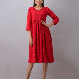 Step Queen Three Fourth Sleeves Floral Printed Dress With Zipper Nursing Access - Red-image-87