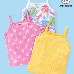 Babyhug 100% Cotton Knit Singlet Sleeves Antibacterial Slips with Floral & Polka Dots Print Pack of 3 - Pink Yellow & White-picture-17