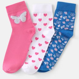 Pine Kids Knit Ankle Length Silvadur Antimicrobial Heart Butterfly & Floral Design Socks Pack Of 3 ( Color May Vary )-image-75