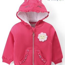 Babyoye 100% Cotton Knit  Brushed Fleece & Sherpa Lining Full Sleeves Hooded Sweatjacket with Kangaroo Pockets Floral Patch & Embroidery - Dark Pink-image-24