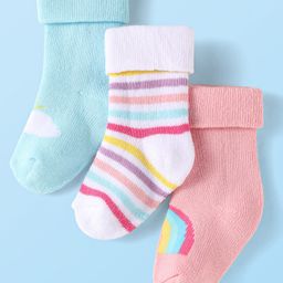 Cute Walk By Babyhug Knit Anti-Bacterial Ankle Length Socks With Rainbow & Stripe Design Pack Of 3 - Pink White Light Blue-picture-18