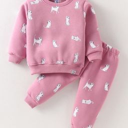 Teddy Fleece Full Sleeves Winter Wear Night Suit With Cat Theme Print - Pink-image-52