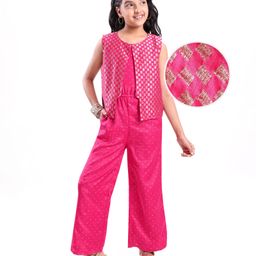 Pine Kids Woven Sleeveless Jumpsuit & Jacket Indo Western Sets with Checkered Embroidery & Polka Dot Foil Print - Dark Pink-image-49