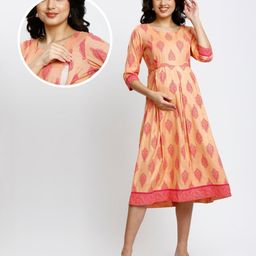 Dummy Shape Three Fourth Sleeves Ethnic Motif Printed Flared Maternity Kurta With Concealed Zipper Nursing Access - Peach-43