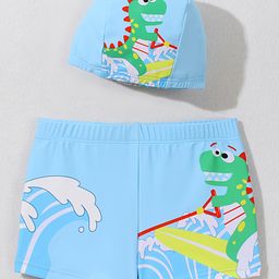 Babyhug Swimming Trunk with Cap Dino Print - Light Blue-image-34