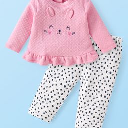 Babyhug Knit Full Sleeves Quilted Top & Lounge Pant Set With Cat & Polka Dot Print - Pink & White-image-19