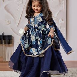 Vastramay Brasso Three Fourth Sleeves Floral Printed Kurta Lehenga Set - Navy Blue-image-67