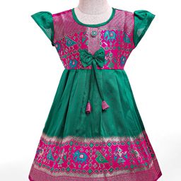 Bhartiya Paridhan Silk Woven Half Sleeves Ethnic Dress with Animal & Bird Design - Pink & Dark Green-image-62