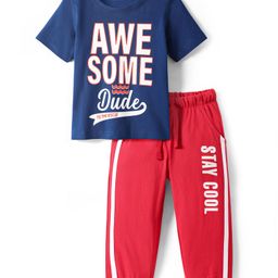 Honeyhap Premium Cotton Knit Half Sleeves Bio Finish Night Suit with Text Print & Tape Detailing - Navy Peony & High Risk Red-image-27