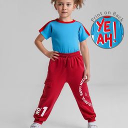 OLLINGTON ST. Cotton Half Sleeves Top & Knit Joggers with Print - Blue & Red-picture-25
