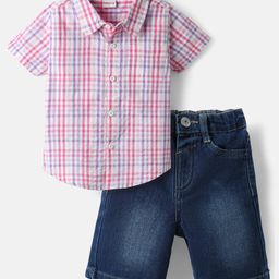 Babyhug Cotton Knit Half Sleeves Checks Shirt & Denim Shorts Set - Multicolor-image-61