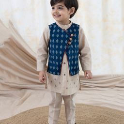 Tiber Taber 100% Cotton Full Sleeves Threadwork Embroidered Kurta Pyjama With Bandhani Printed Reversible Jacket Set - Blue-image-1
