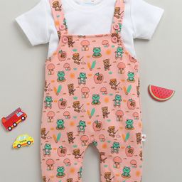 BUMZEE Cotton Knit Dungaree With Half Sleeves T-Shirt Animal Print - Coral-image-20